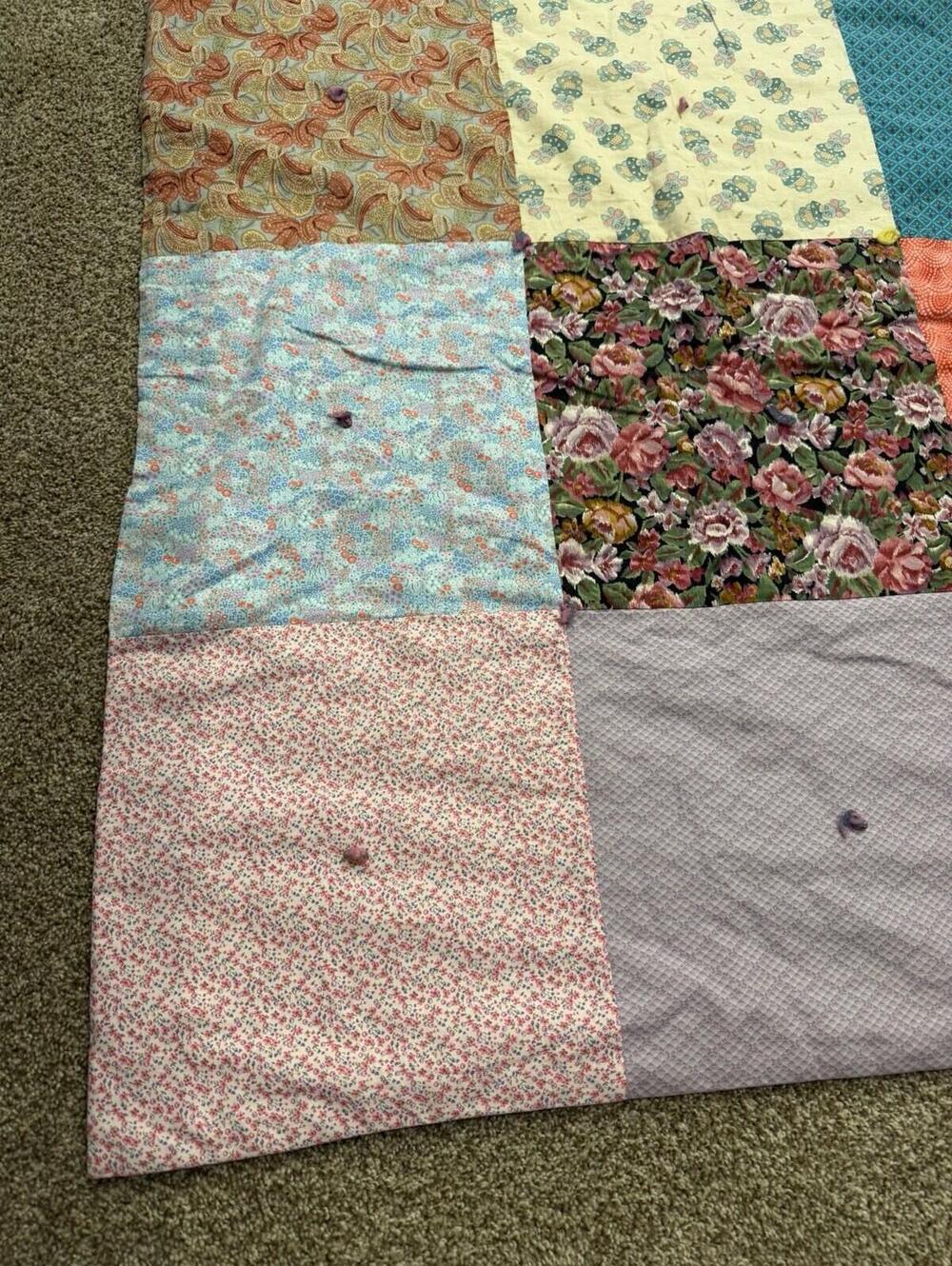 Patchwork Tie Block Quilt Large Floral Cottage Hand Made 82x70”